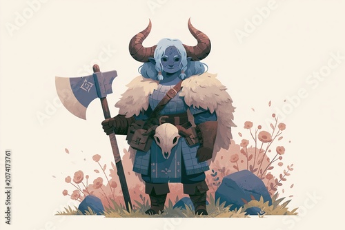 Fantasy warrior with horns and axe stands in a field of flowers