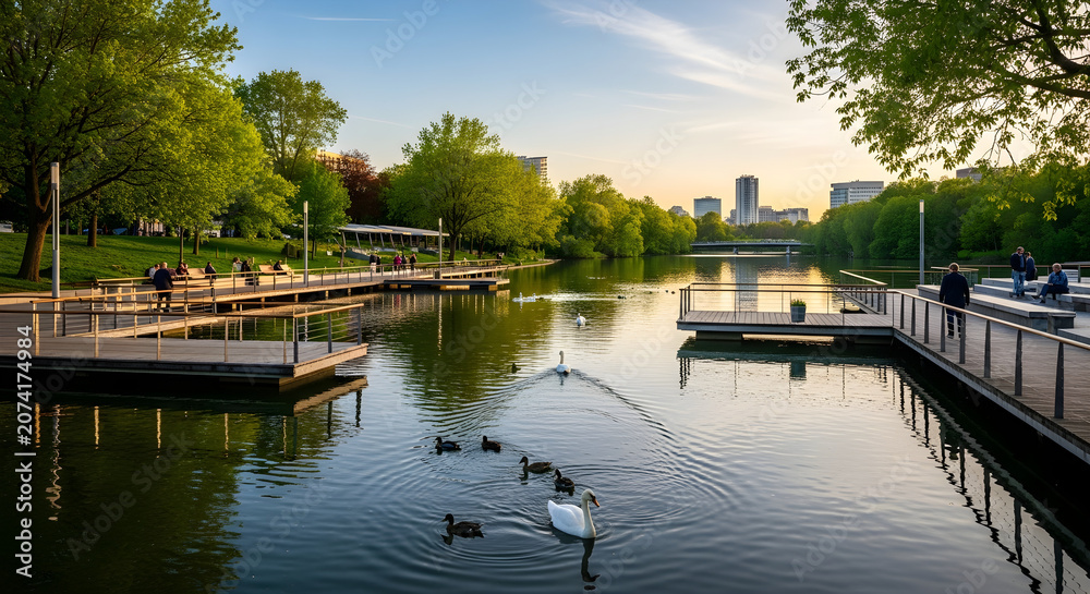Fototapeta premium Urban Waterway with Nature Integration