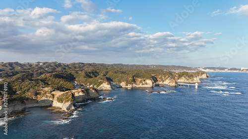 Aerial View of Ubara Risokyo and Rugged Pacific Coastline in Chiba, Japan