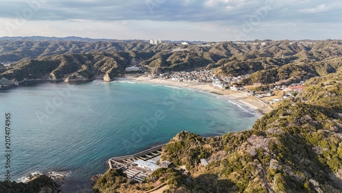 Aerial View of Ubara Risokyo and Rugged Pacific Coastline in Chiba, Japan