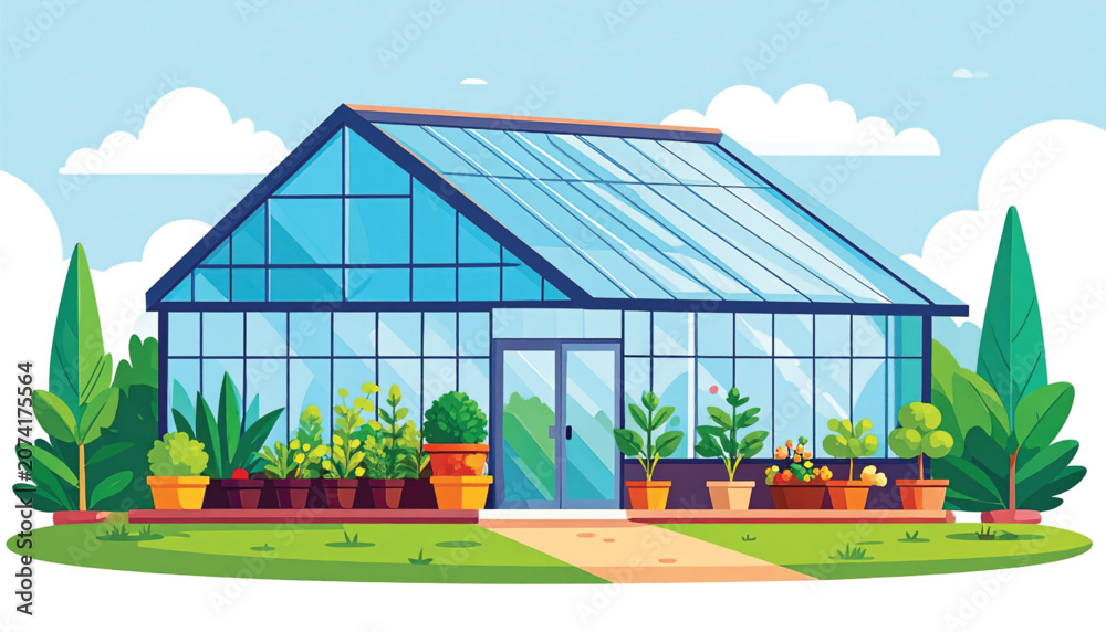 Naklejka premium Greenhouse with plants and trees outside.