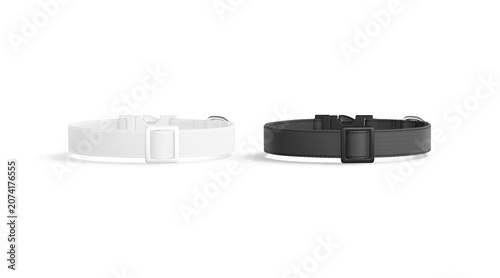 Blank black and white dog collar with plastic buckle mockup png, transparent background, 3d rendering. Empty strap with safety clasp for puppy mock up cut out, front view. Clear lock doggy accessory.