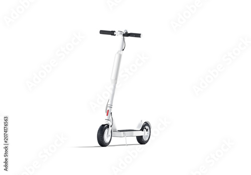 Blank white electric scooter with banner mockup png, transparent background, 3d rendering. Empty two-wheeled e-scooter for rent mock up cut out. Clear skooter for urban sidewalk mokcup template.