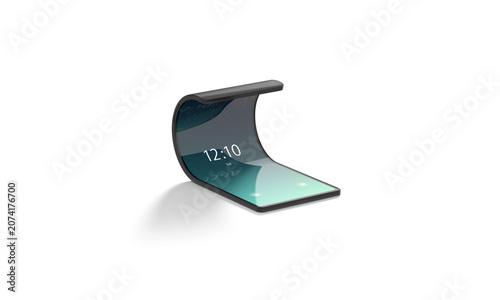 Blank turned on black flip phone twisted display mockup png, transparent background, 3d rendering. Empty folded multi-display smartphone mock up cut out. Clear flexible transforming gadget template.