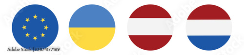 Set of circular flags of the european union, ukraine, austria and the netherlands isolated on transparent background