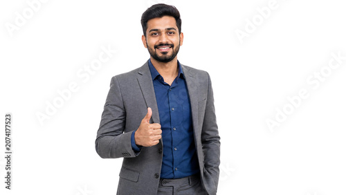 Confident Smiling Indian Businessman in Grey Suit Showing Thumbs Up Gesture Isolated