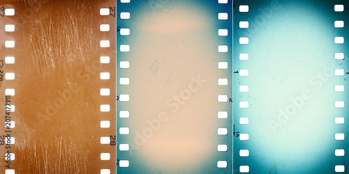 Collection of images with dusty and grungy 35mm film textures or surfaces. Perforated scratched camera film isolated on white background.