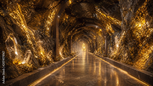 Futuristic tunnel with glowing gold veins and crystals