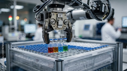 Robotic arm handling vials with colorful liquids in a laboratory setting