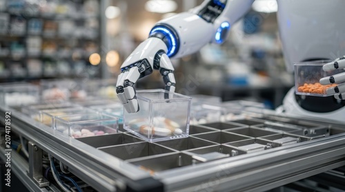 Robotic arm handling medication containers in a pharmacy automation system