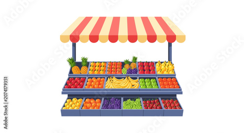 Vector illustration of a fruit market stand with a striped awning and tiered display crates containing pineapples, bananas, apples, grapes, oranges, and berries on a white background.