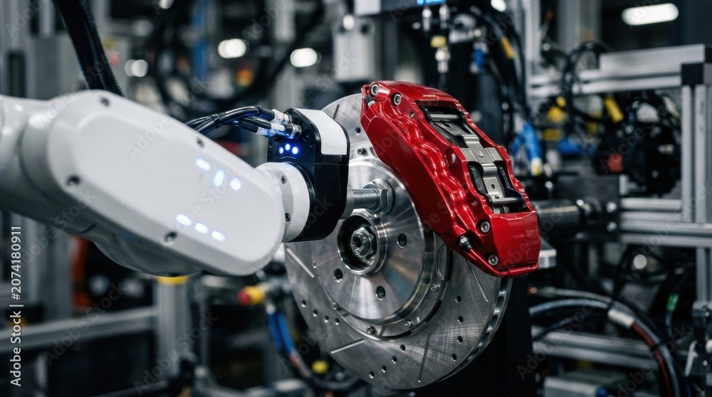 Fototapeta premium Automated robotic arm installing a highperformance red brake caliper