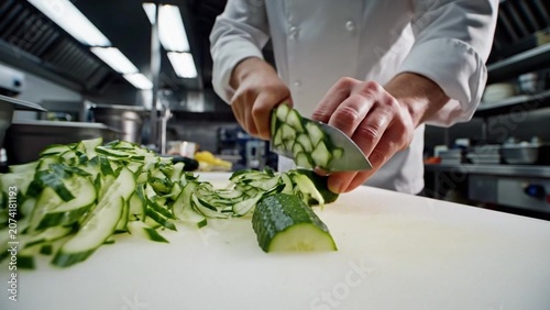 Chef hands slice fresh cucumber on cutting board in professional kitchen, crisp green ribbons pile beside the knife, clean focused mood for food prep