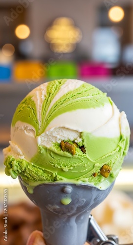 Pistachio Ice Cream Scoop with Nuts.