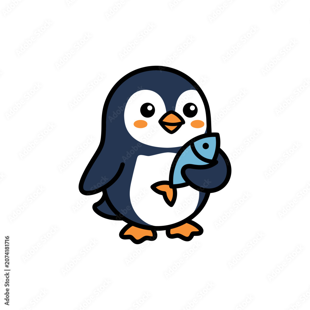 Obraz premium Cute cartoon penguin holding a small fish in its flipper.