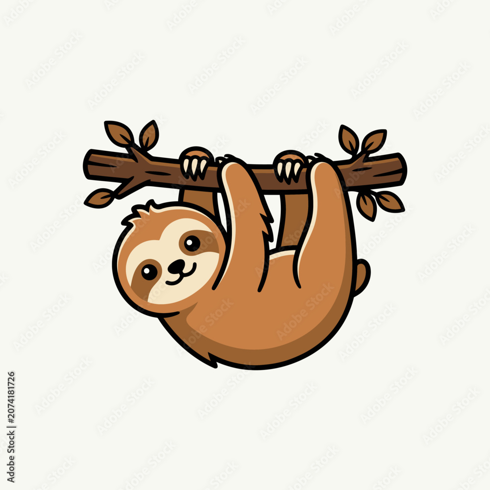 Obraz premium Cute cartoon sloth hanging from a tree branch with leaves.