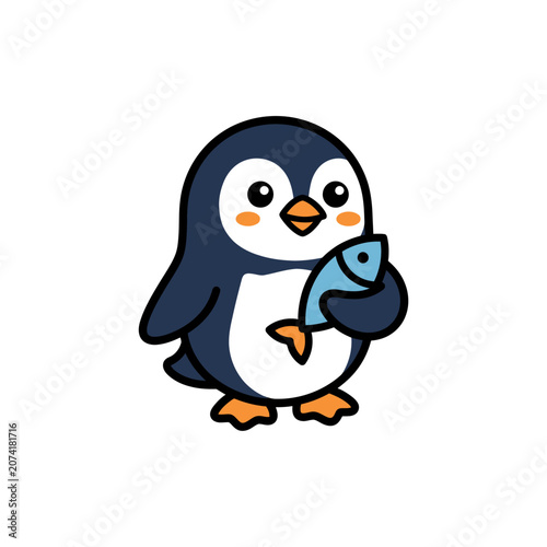 Cute cartoon penguin holding a small fish in its flipper.