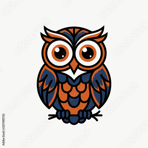 Cute cartoon owl illustration with large eyes and orange and blue feathers.