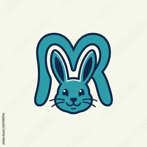 Cute cartoon rabbit face integrated into the letter M and R logo design.