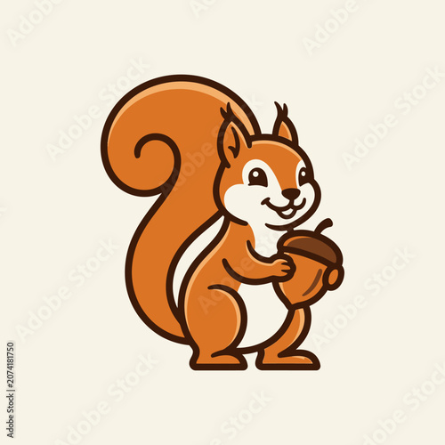 Cute cartoon squirrel holding an acorn with a big bushy tail.