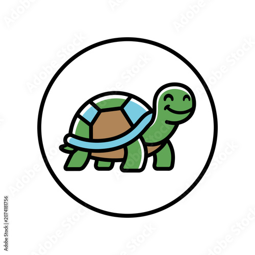 Cute cartoon turtle smiling inside a circle.