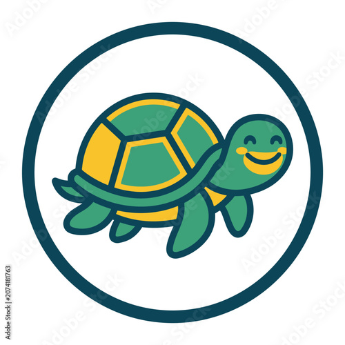 Cute cartoon turtle icon with a happy face inside a blue circle.