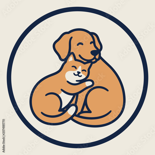 Cute Dog Hugging a Cat Friendship Symbol.
