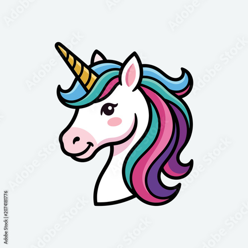 Cute Unicorn Head Illustration with Colorful Mane and Horn.