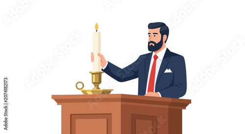 Bearded man at church pulpit vector holding a candle
