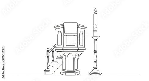 Church Pulpit Vector with Tall Altar Candle Line Art Illustration