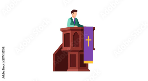 Preacher speaking behind a wooden church pulpit vector illustration