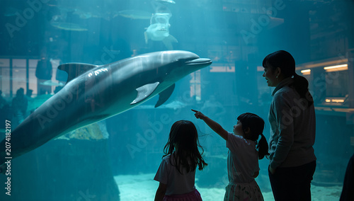 水族館で日本人の親子がイルカを見ながら海の学びを楽しむ写真