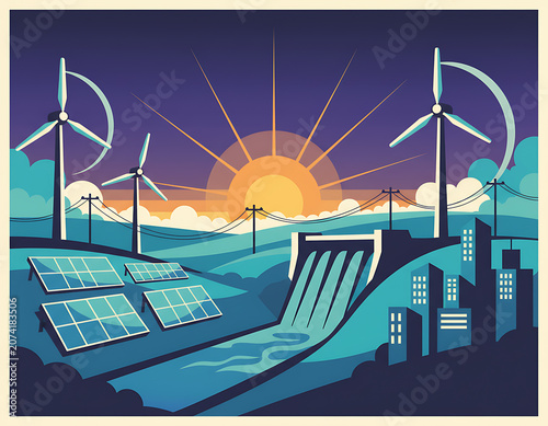 Sustainable energy landscape featuring solar panels, wind turbines and dam