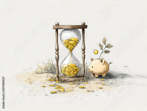 Money flowing through hourglass with piggy bank growing wealth