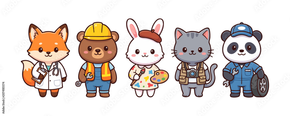 Fototapeta premium Cute Animal Worker Character Vector Bundle Kawaii Career Mascots for Children's Books, Classroom and Stickers