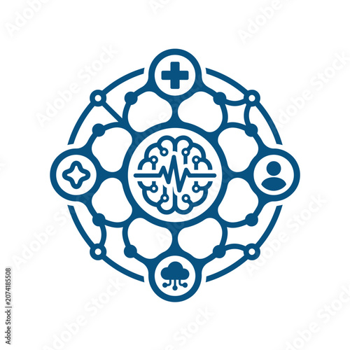 A blue digital icon representing artificial intelligence and medical data