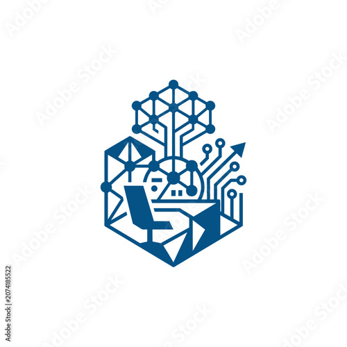 A blue digital icon representing modern office technology and growth