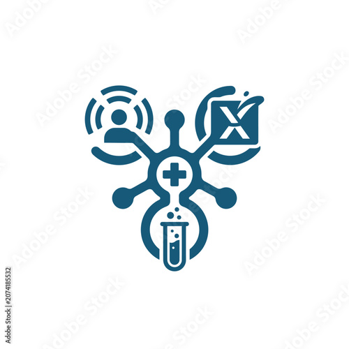 A blue digital icon representing scientific research and data analysis