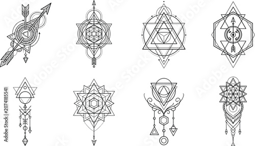 Tableau sur toile Sacred geometry line art element set featuring mystical arrows triangles stars p
