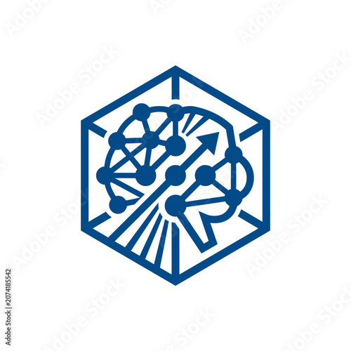 A blue digital icon showing a brain inside a geometric cube