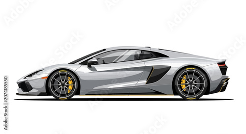 Side profile vector illustration of a modern silver luxury sports car on white background