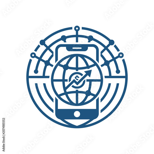 A blue digital icon showing a mobile device and global growth
