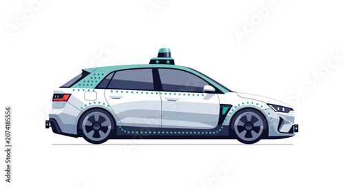 Photos Side view illustration of a modern white autonomous self-driving car on a white background