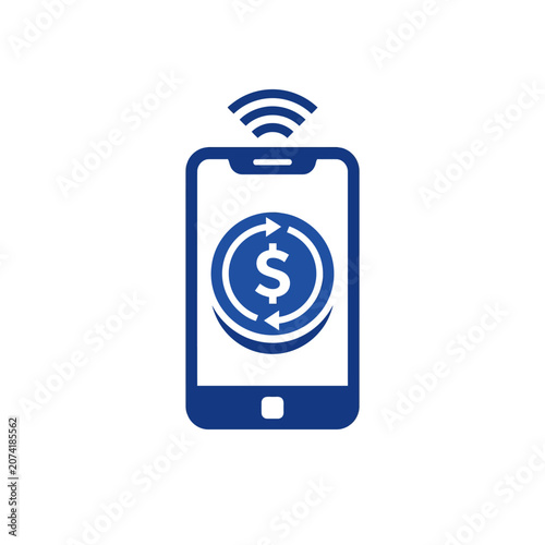 A blue digital icon showing a mobile phone with money transfer