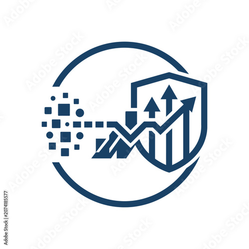A blue digital icon showing growth and security shield concept