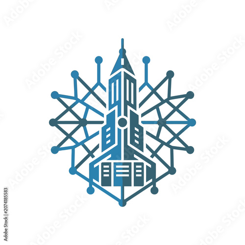 A blue digital icon showing a stylized rocket and network lines
