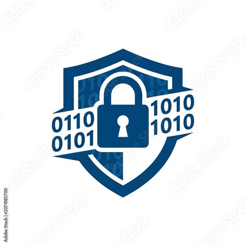A blue digital shield icon with a central padlock and binary code