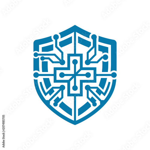 A blue digital shield icon with a central medical cross symbol