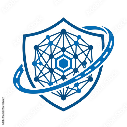 A blue digital shield icon with a complex geometric network core