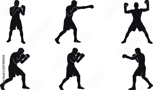 Valokuva Full Body Boxer Silhouettes Collection with Various Fighting Poses Punching Acti